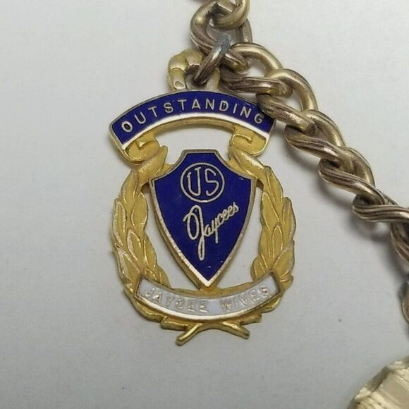 Vintage Jaycees Gold Filled Blue Enamel Charm Bracelet, 1960s Engraved, Estate - Picture 4 of 10